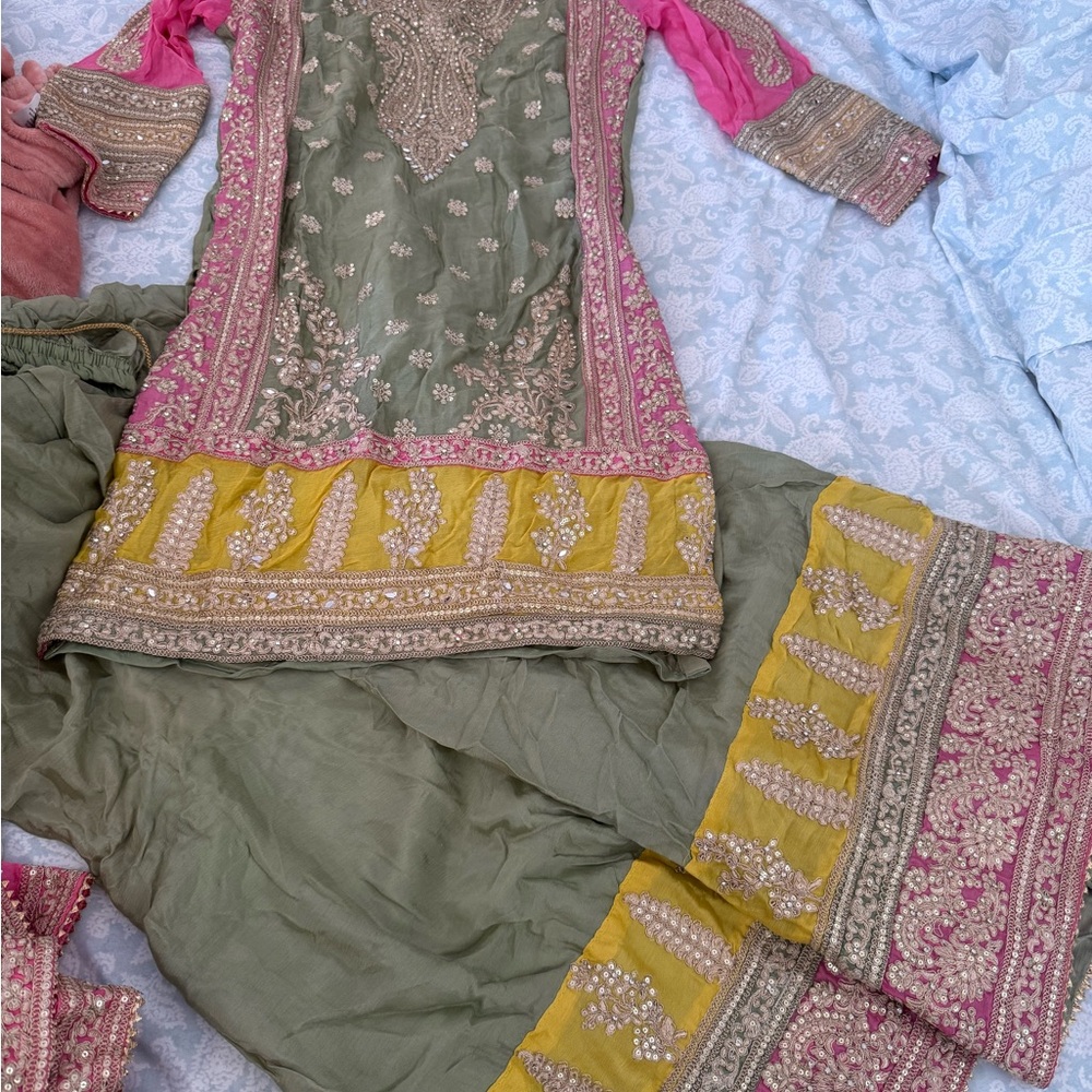 Embroidered Green and Pink Palazzo Suit